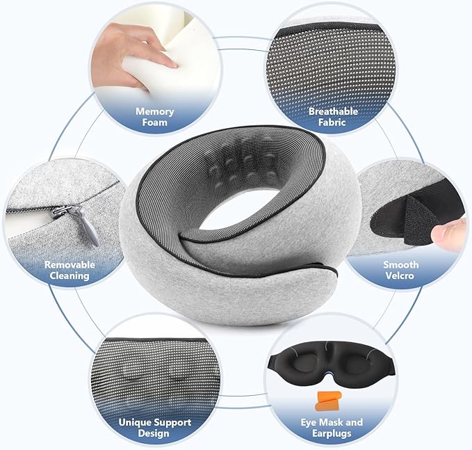 Purroch Travel Neck Pillow with 100% Pure Memory Foam, G-Shape, Includes Eye Mask & Ear Plugs, Ergonomic Design for Airplane, Car & Office, etc, Beige Gray