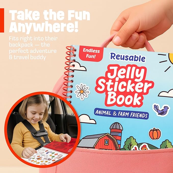 Reusable Jelly Sticker Book - Farm, 7 Scenes - 50 Thick Washable Stickers for Toddlers & Kids: Animals Stickers for Kids, Gift for Ages 3-5 Years Old - Toddler Travel Toys 2-4, Road Trip Activities