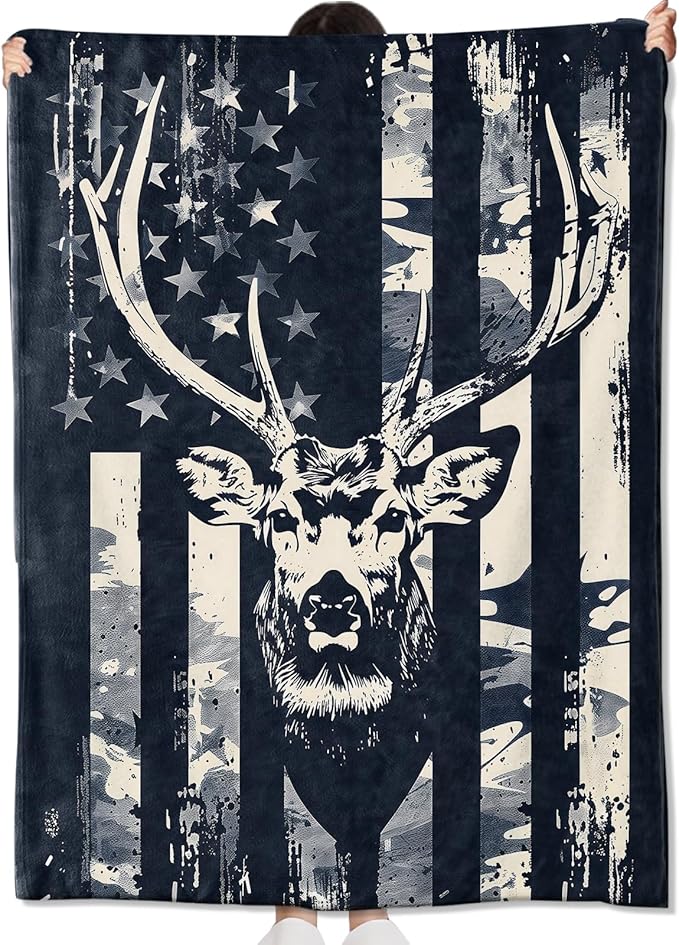 Camo Deer Head Blanket Gifts for Hunters Adult Women Men,American Flag Throw Blankets,Soft Comfy Lightweight for Room Couch Bed Sofa Modern Rustic Decor,Patriotic Lover 60x80in