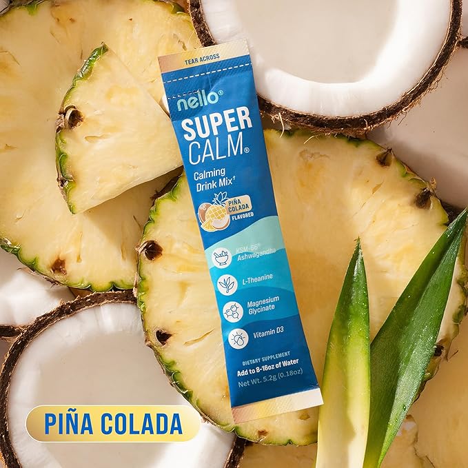 Nello Supercalm Powdered Drink Mix, Cortisol Reducer* and Sleep Aid Supplement, L Theanine, Ksm-66 Ashwagandha, Magnesium Glycinate, Vitamin D 3, No Sugar, Non GMO, On The Go, 20 Ct, Pina Colada