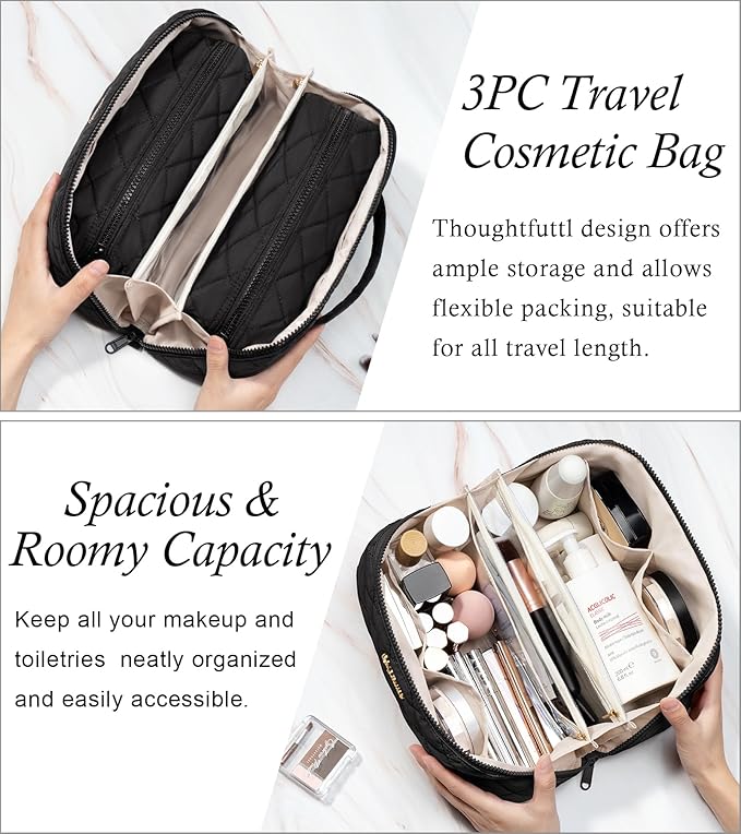 Travel Makeup Bag, 3 Pcs Large Capacity Puffy Toiletry Bag for Women, Open Flat Quilted Make up Cosmetic Organizer w/Handle & Clear Divider Water-resistant Portable Pouch Travel Essentials, L-Black