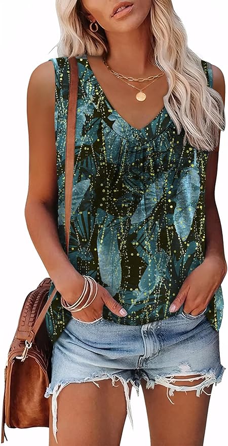 OFEEFAN Tank Top for Women Loose Fit Sleeveless Shirts V Neck Summer Clothes Ruched Women's Tees and Tanks Curved Hem