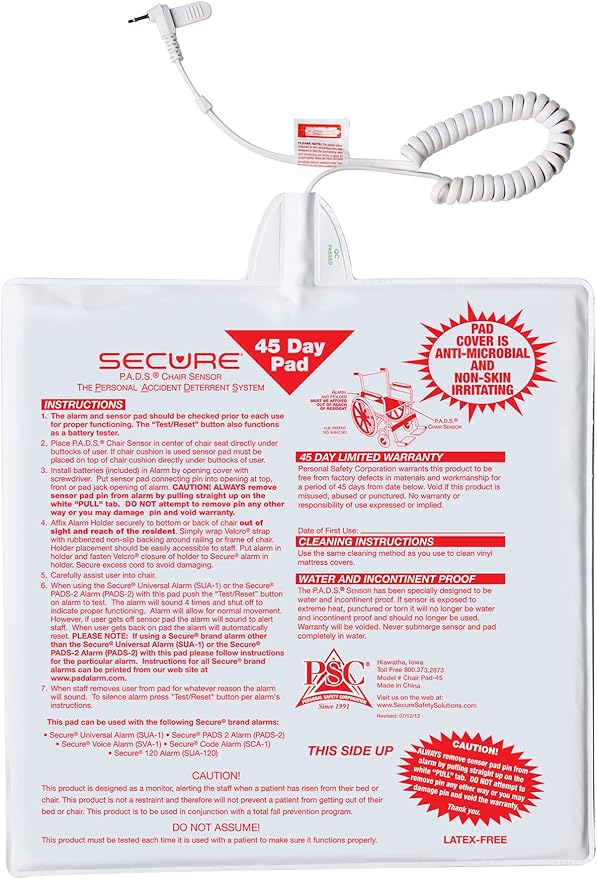 Secure Safety Solutions Chair Alarm for Elderly Dementia Patients - 80-120 dB Patient Monitor, 12" x 12" Sensor Pad - Fall Prevention Devices, Caregiver Alert Monitoring, Complement to Bed Alarm