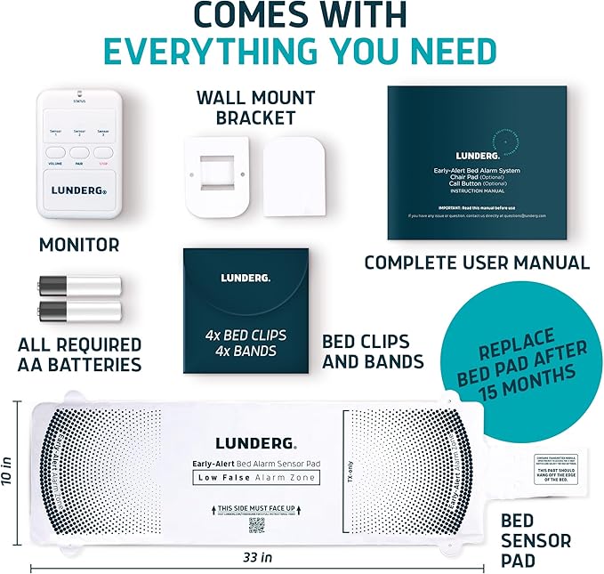 Lunderg Wireless Early Alert Bed Alarm System for Elderly - Alerts Caregivers Before They Get Up, No in-Room Alarm to Frighten Your Loved One, Fall Prevention for Dementia Care, Trusted US Company