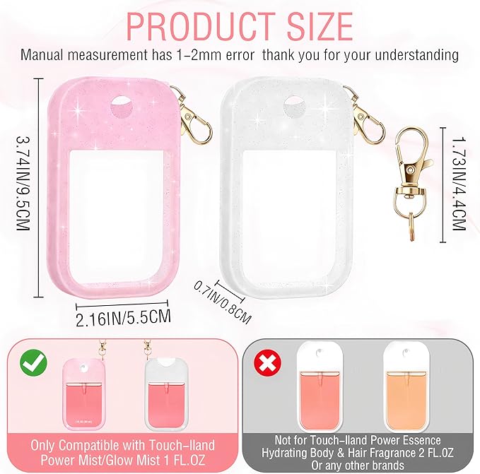 2Pack Silicone Case Compatible with Touch-lland Hand Sanitizer Spray Case,Protective Case with Keychain for 1FL.OZ. Bottle,Secure Fit,Anti-Loss Design for Travel,Office,Daily Use(Sparkling Pink&White)