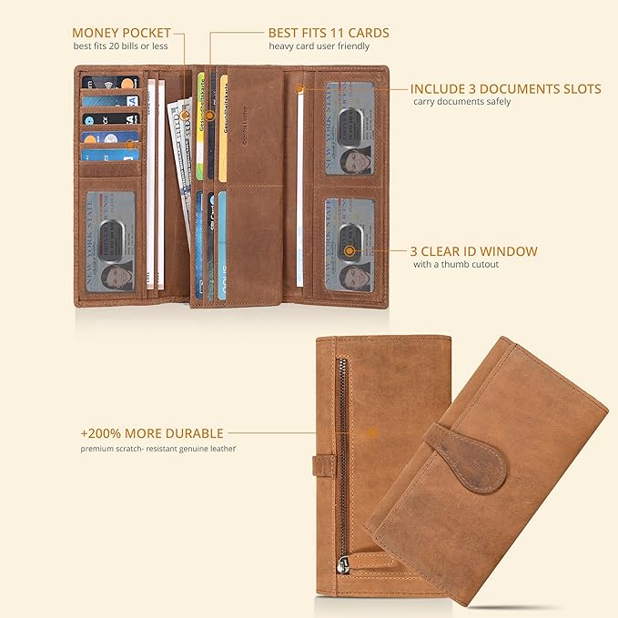 Real Leather Women Wallet Leather with RFID Blocking -Trifold Card Holder Designer Ladies Clutch with ID Window Wallets
