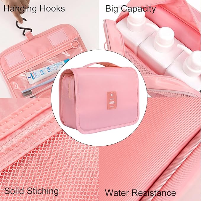 Hanging Travel Toiletry Bag for Women, Hanging Toiletry Bag with Multi-Pockets, Toiletry Bag for Traveling Easy Clean, Travel Organizer Pink