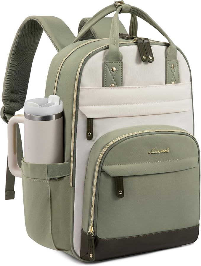 LOVEVOOK Laptop Backpack for Women with Giant Tumbler Holder Pocket,18.4 inch School College Book Bag Nurse Teacher Backpack,Work Travel Backpack Laptop Computer Bag,Pea green-Light yellow-Burlap blue