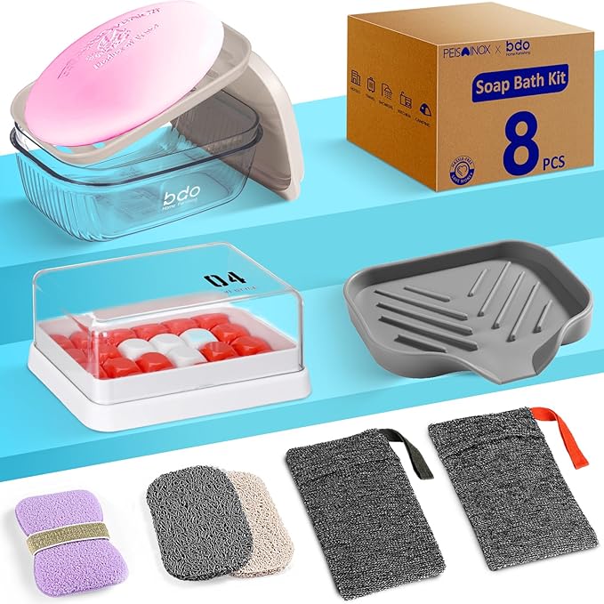 8-Piece Soap Bath Kit with Travel Soap Case Holder Dish Bag Saver, Lathering Pouch for Home, Travel, Camping, Gym, Hotel(Clear)