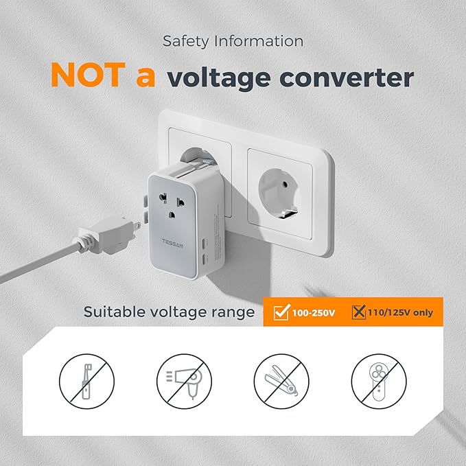 TESSAN Universal Travel Adapter PD 25W, Ultra Thin International Power adapter Fast Charger, Worldwide Plug Adaptor with 2 USB A 2 USB C for US to European UK Australia Ireland (Type C G A I)