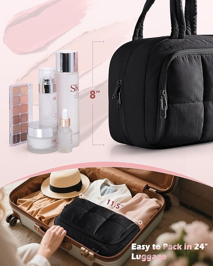 Marscamd Travel Makeup Bag for Women, Puffy Cosmetics & Toiletry Organizer with Leakproof Pockets for Travel-Size Shampoo, Conditioner, Brushes & Essentials - Medium Size, Black (Bag Only)