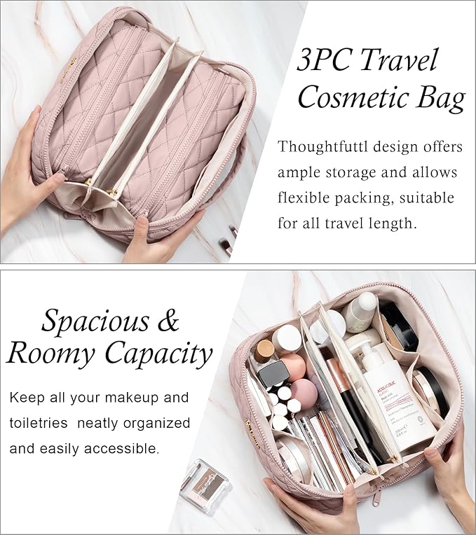 Travel Makeup Bag, 3 Pcs Large Capacity Puffy Toiletry Bag for Women, Open Flat Make up Cosmetic Organizer w/Handle & Clear Divider Water-resistant Portable Pouch Travel Essentials, L-Cream White