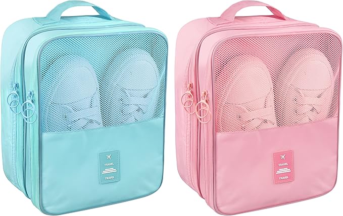 Travel Shoe Bags 2 Pcs of Shoe Organizers Set for Suitcase Hold 3 Pair of Shoes Waterproof Shoe Packing Cubes for Travel and Daily Use Storage Pouch with Handle (Blue+Pink)