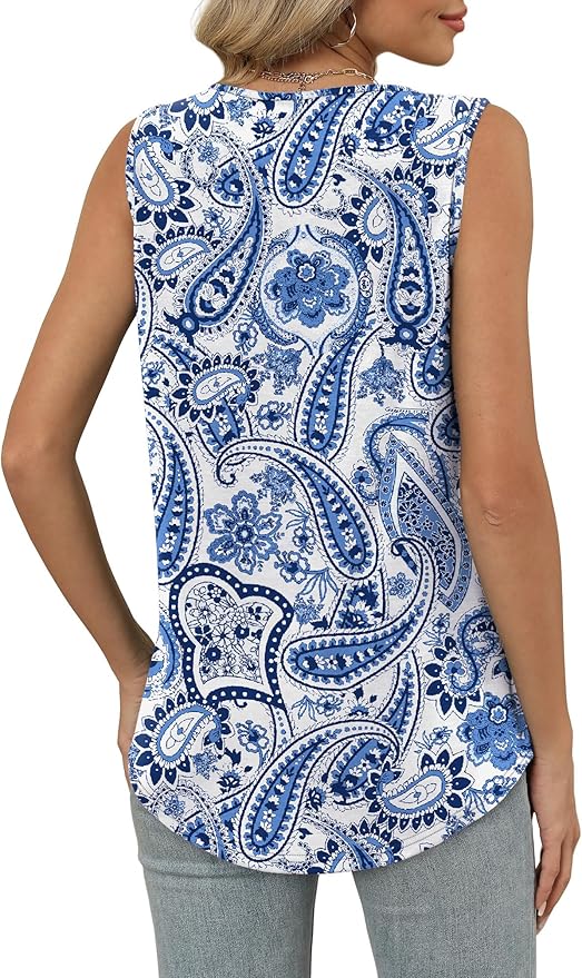 OFEEFAN Tank Top for Women Loose Fit Sleeveless Shirts V Neck Summer Clothes Ruched Women's Tees and Tanks Curved Hem