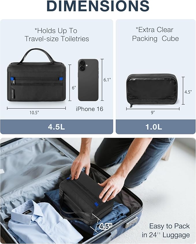 Marscamd Toiletry Bag with Travel Cube, Mens Water-Resistant Hygiene Bag, Versatile Organizer for Shaving Accessories, Bathroom and Shower Essentials, Black