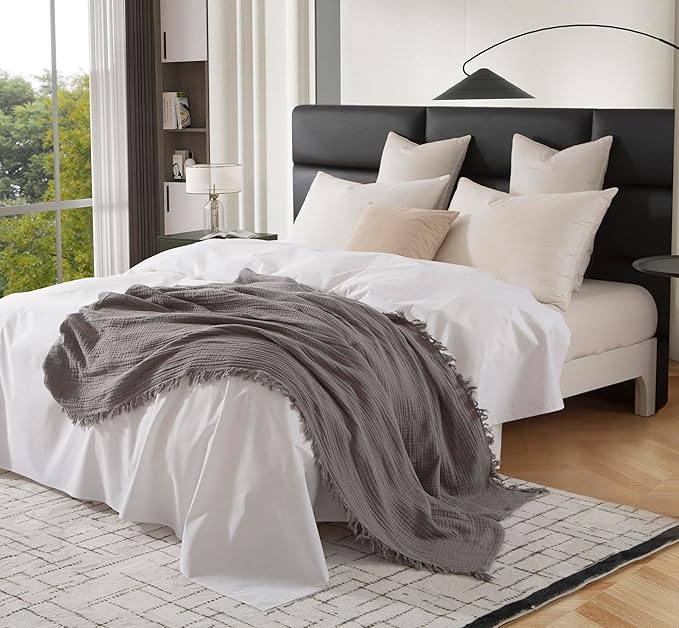 KyraHome 100% Cotton Throw Blanket for Couch, 60"x80" Large Muslin Blankets for Adults, Plant-Dyed, Breathable Cozy Lightweight Summer Blanket, Picnic, Travel, All Season, Dark Grey