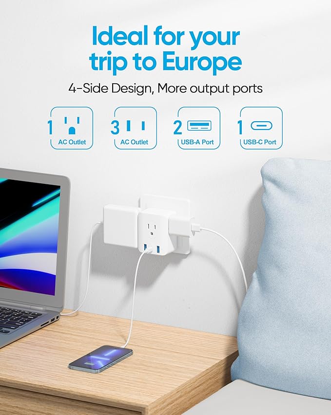 2 Pack European Travel Plug Adapter, Olcorife Foldable International Power Adapter with 4 Outlets 3 USB Ports, Type C Plug Adapter for US to Europe, Italy Spain Iceland France Germany
