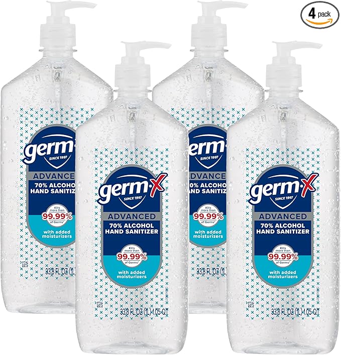 Germ-X Advanced Hand Sanitizer, Less Drying Moisturizing Clear Gel, No Rinse Formula, Large Family Size Pump Bottle, 34 Fl Oz (1 Liter) (Pack of 4)