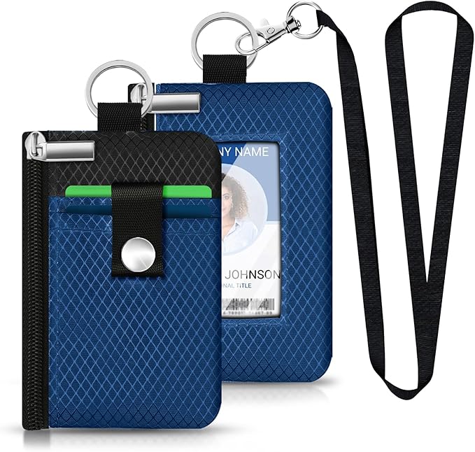 Minimalist RFID Blocking Small Wallet with ID Window,WaterResistant Zip Id Case Wallet with Lanyard Keychain for Cards,Cash,Travel,Women,Men (Electric Blue/Black)