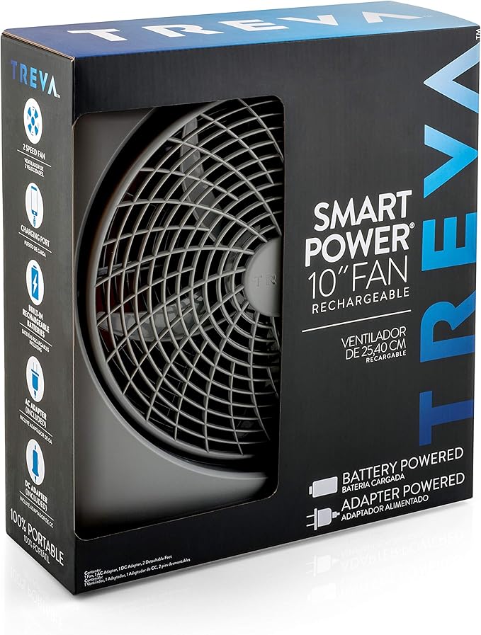 O2COOL Treva 10 inch Rechargeable Portable Fan Smart Power Air Circulator. Plug-In AC Adapter and Battery Powered, USB Charging Port, For Camping Travel and Indoors Use