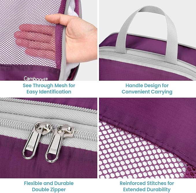 Cambond Compression Packing Cubes - 7 Piece See Through Mesh Packing Cubes for Travel with Underwear Laundry Makeup Bag, Expandable Travel Packing Suitcase Organizers for Family Vacation, Purple