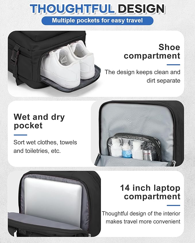 VECAVE Carry On Backpack for Women, Large Travel Backpack Flight Approved, Waterproof 14 Inch Laptop Backpack Business Work Backpacks Men Mochila De Viaje, Black