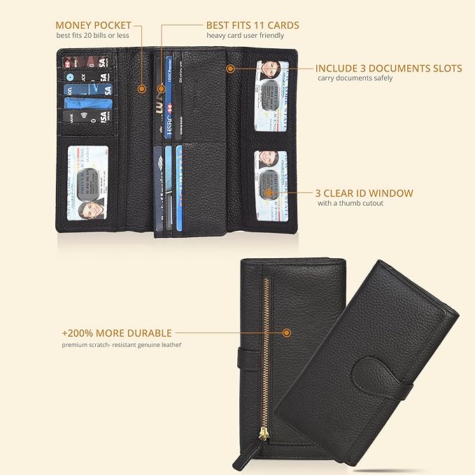 Real Leather Women Wallet Leather with RFID Blocking -Trifold Card Holder Designer Ladies Clutch with ID Window Wallets