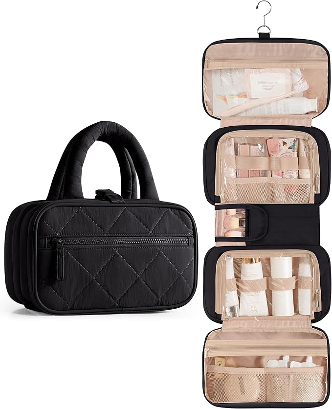 Marscamd Travel Toiletry Bag for Women with Hanging Hook, Puffy Makeup Organizer with Brushes Slots for Bathroom, Shower and Beauty Essentials, Black