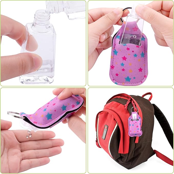 Duufin 72 Pieces Hand Sanitizer Holders Empty Travel Bottles Set Including 36 Pieces Clear Refillable Bottles and 36 Pieces Hand Sanitizer Keychain Holder for Backpack and Purse (Assorted Patterns)