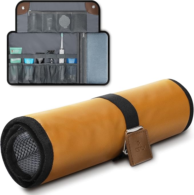 Toiletry Bag for Men, Travel Essentials Travel Toiletry Bag, Water-Resistant Compact Bathroom Roll Organizer for Hygiene, Shaving kit, Gifts for men (6.Khaki Yellow (PU Leather))