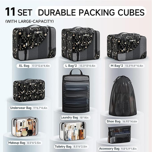 11 Set Packing Cubes for Travel, Gifts for Women Mom Kids, TSA Approved Bags for Makeup, Cosmetic, Toiletry, Suitcase Organizers for Checked Luggage,Cruise Essentials,Airplane Accessories,Black Floral