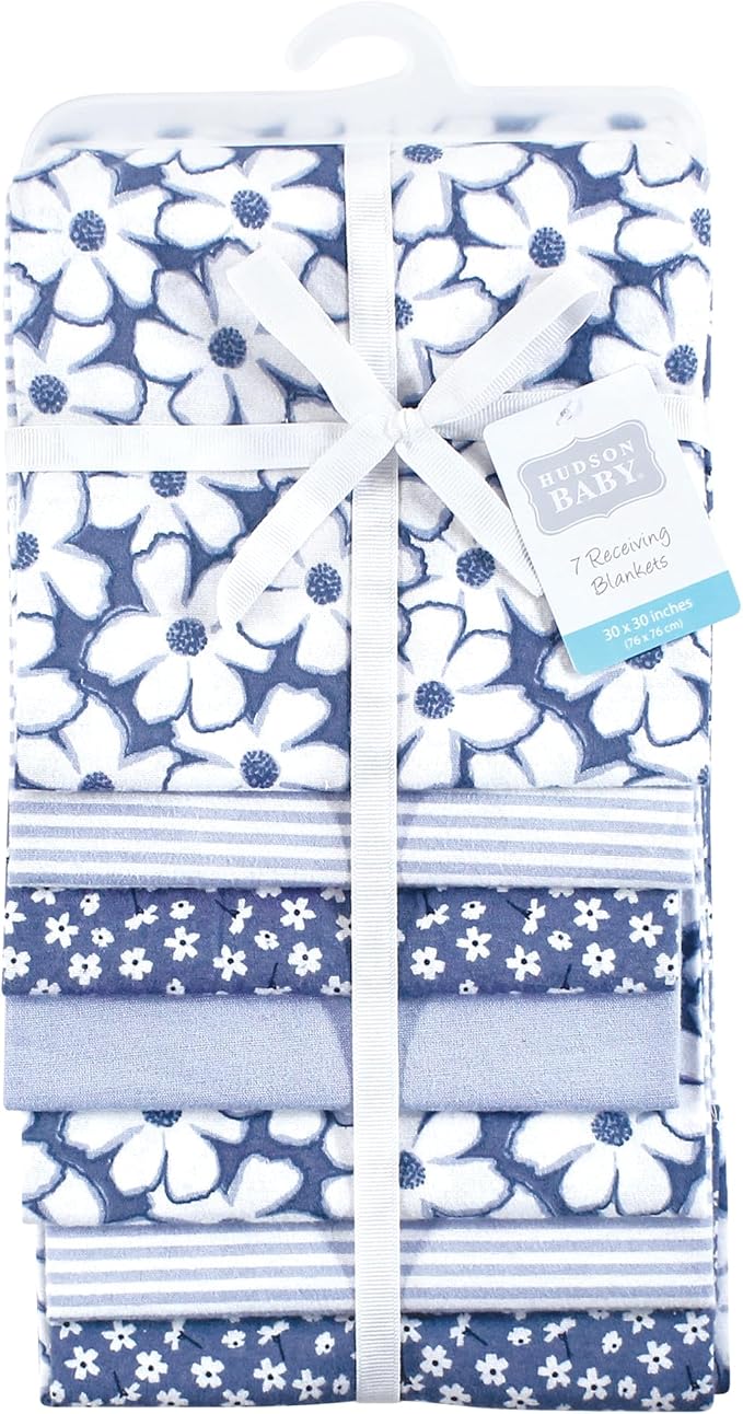 Hudson Baby Unisex Baby Cotton Flannel Receiving Blankets 7-Pack Bundle, Blue Cosmos, One Size