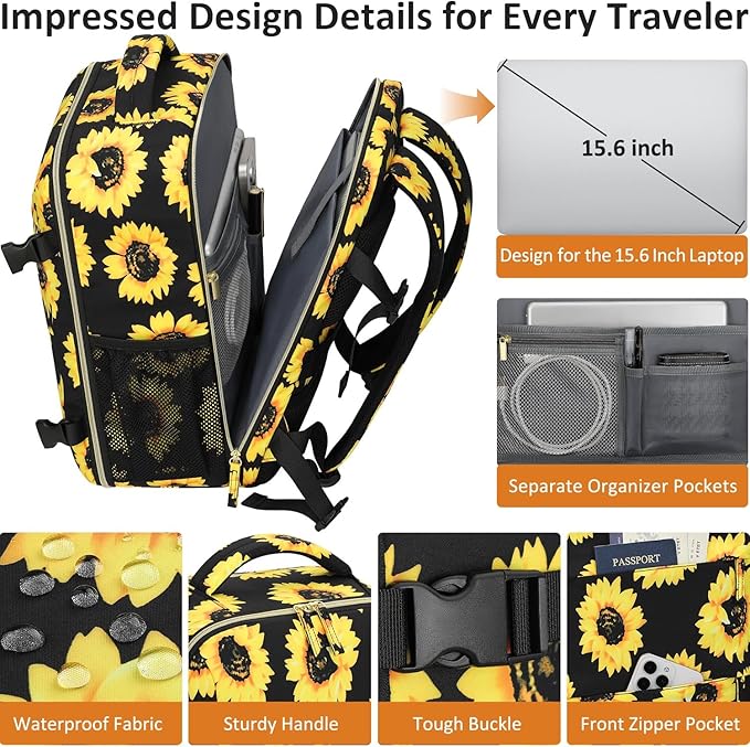 Tenot Carry on Backpack for Women TSA Approved 15.6 Inch Travel Laptop Backpack for Women Travel Essentials Foldable Womens Travel Backpack Suitcase Sunflower Floral