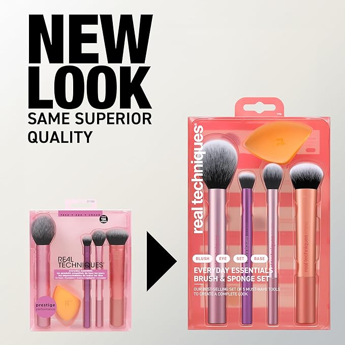 Real Techniques 6 Piece Everyday Essentials Makeup Brush Set, Includes 4 Brushes & 2 Makeup Sponges, For Foundation, Blush, Bronzer, Contour, Eyeshadow, & Powder, Travel Gift Set, Cruelty-Free & Vegan