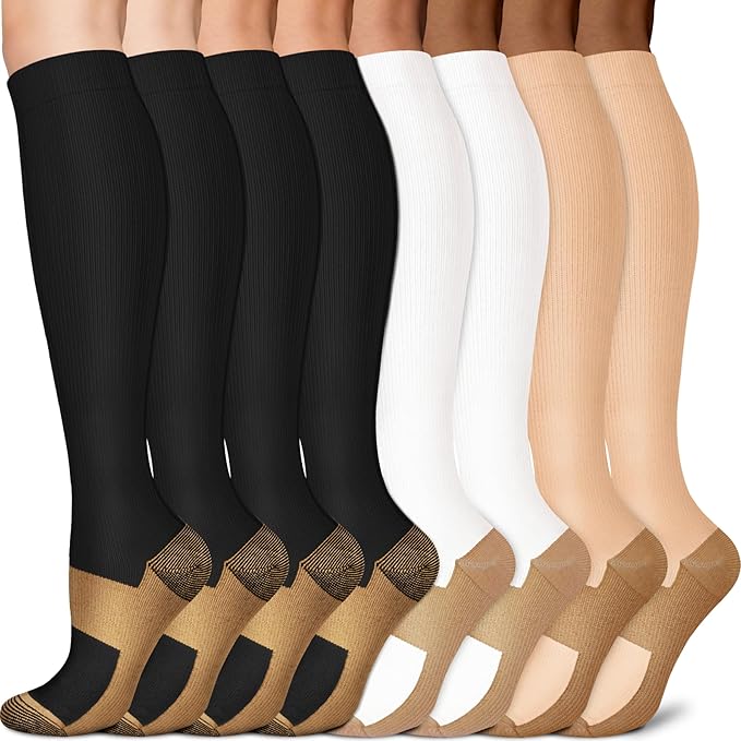 Sooverki Copper Compression Socks for Men & Women 8 Pack 15-20mmHg - Knee High Stockings Best Support for Running Athletic