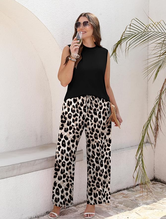 WIHOLL Two Piece Set for Women Summer Spring Outfits Cruise Travel Airport Beach Vacation Mock Neck Wide Leg Pants Set