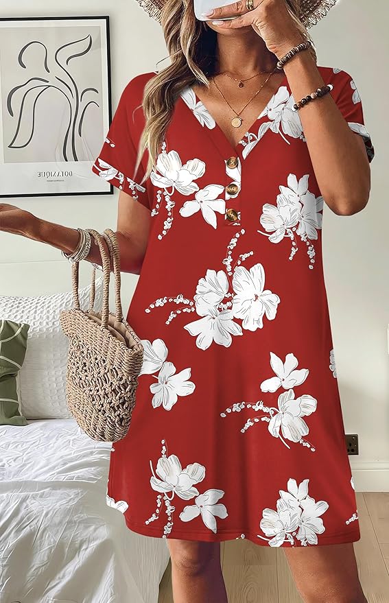 WIHOLL Summer Dresses for Women with Sleeves Midi Dress Button Down Beach Vacation Casual Dresses Fashion Clothing