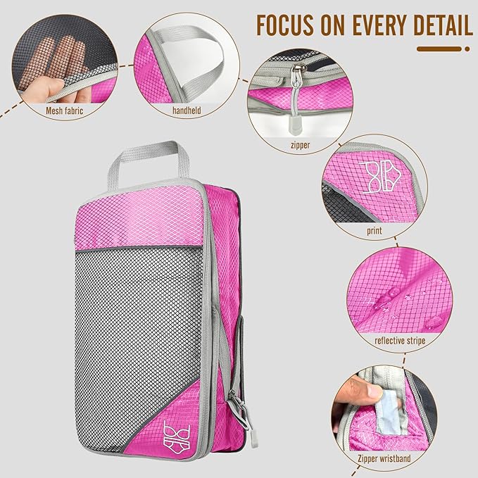 8 Set Compression Packing Cubes for Travel, Expandable Luggage Organizer with Shoe Bag & Laundry Bag - Lightweight Suitcase & Backpack Travel Essentials (Pink)
