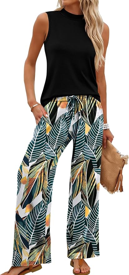 WIHOLL Two Piece Set for Women Summer Spring Outfits Cruise Travel Airport Beach Vacation Mock Neck Wide Leg Pants Set
