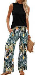 WIHOLL Two Piece Set for Women Summer Spring Outfits Cruise Travel Airport Beach Vacation Mock Neck Wide Leg Pants Set
