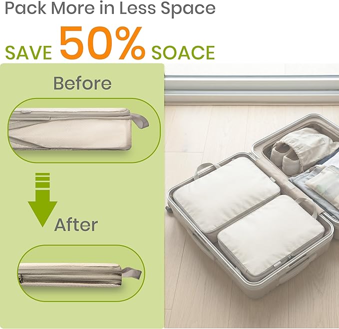 Compression Packing Cubes for Travel, Set of 6 Expandable Luggage Organizers with Shoe Bag, Lightweight Water-Resistant Suitcase Essentials for Carry-on & Checked Luggage, Green