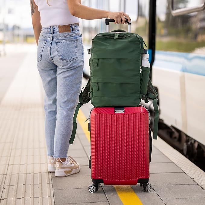 Carrywell (Not Made In China) Travel Backpack Airline Approved, Carry-On Underseat, Holds 15.6 or 16 Inch Laptop, Personal Item Bag with Shoe Compartment For Men Women, Green 30l