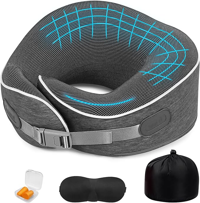 Travel Pillows for Airplanes Ergonomic Memory Foam Neck Pillow for Travel - 360° Head & Neck Support for Sleeping on Flights, Cars, Trains & Office (Dark Gray-1)