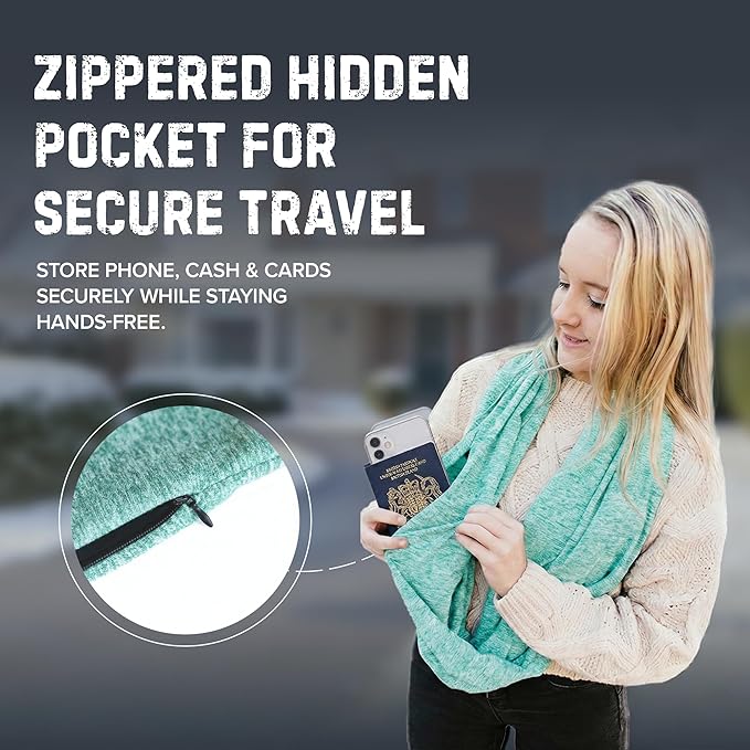 Zero Grid Infinity Travel Scarf Loop with Hidden Zipper Pockets for Passport, Phone, Cash, Cards