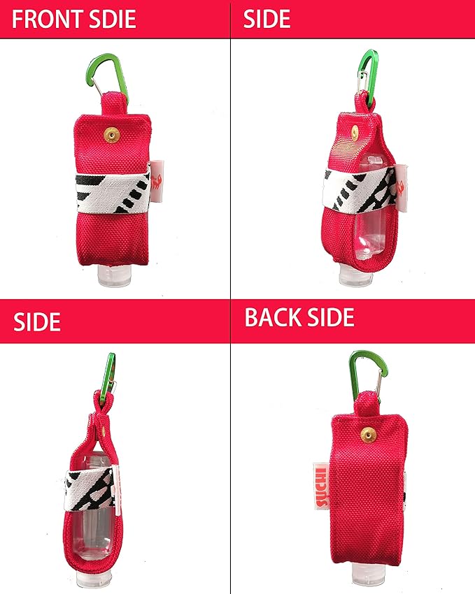 Travel Size Hand Sanitizer Holder,Bottle Case and Carabiner Carrier bag-Portable Mini Waist Bag for Liquids Clip On Belt Loop, Backpack and Purse - Includes Empty 60ml/ 2 oz Reusable Bottle(Red)