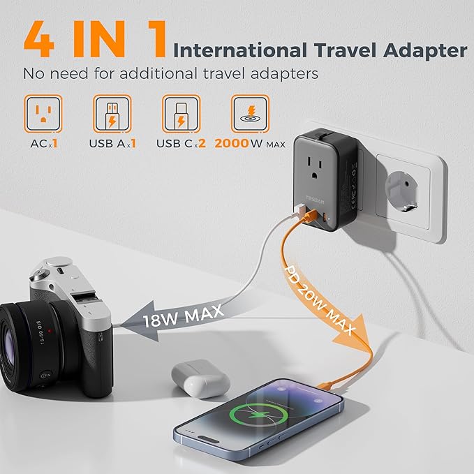 TESSAN Travel Adapter PD 20W, Universal Power Adapter 2 USB C 1 USB A, Ultra Thin International Plug Adaptor Worldwide Outlet for US to European UK Italy Spain New Zealand (Type C G A I), 1 Pack