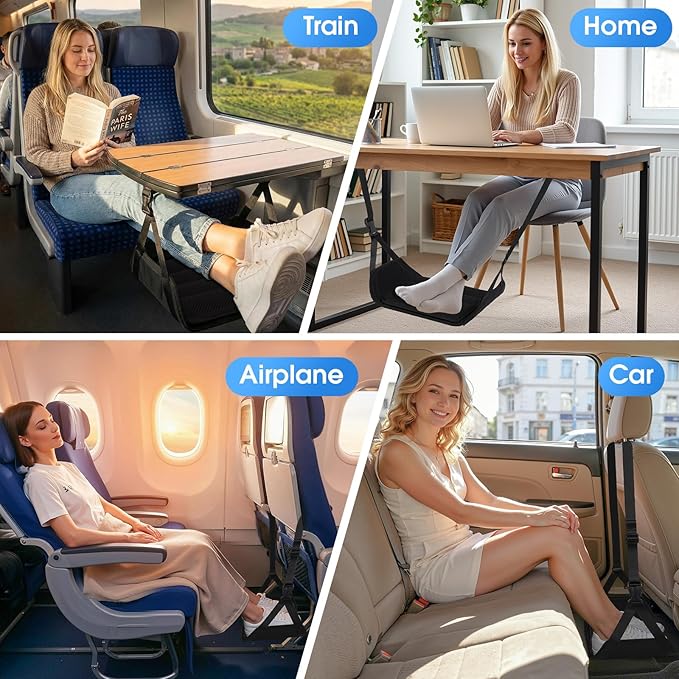 2 Pack Airplane Foot Rest - Lightweight Foot Hammock for Plane Travel with Adjustable Strap & Thick Board, Tray Table Under Desk Footrest to Relax Feet, Travel Essentials for Long Flights(Black)