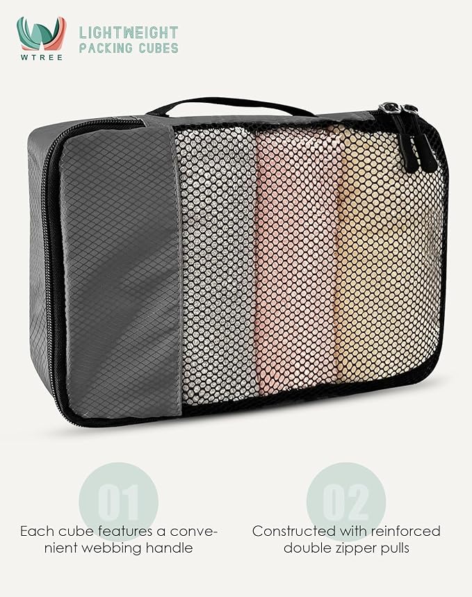 WTREE 4-Piece Packing Cubes Travel Accessories Set for Suitcases - Luggage Organizer Bags with Double Zipper - Mesh Top - Medium - Dark Grey