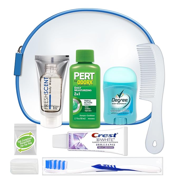 Convenience Kits International Unisex 9 Piece Hygiene Travel Kit with 2-in-1 Shampoo, Degree Deodorant, Crest Toothpaste, Body Wash, Comb, TSA Compliant Toiletry Bag (1 Kit)