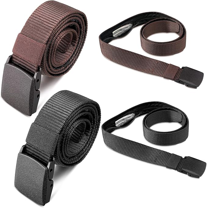 Eurzom 2 Pcs Money Belts for Men Hidden Money Pocket Travel Security Belts, Nylon Anti Theft Wallet with Plastic Buckle for Business Outdoor Working, Gift for Dad Men Boyfriend, Coffee and Black